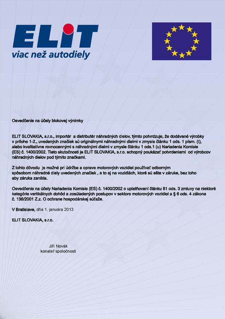 Certifikát na autodiely ELIT